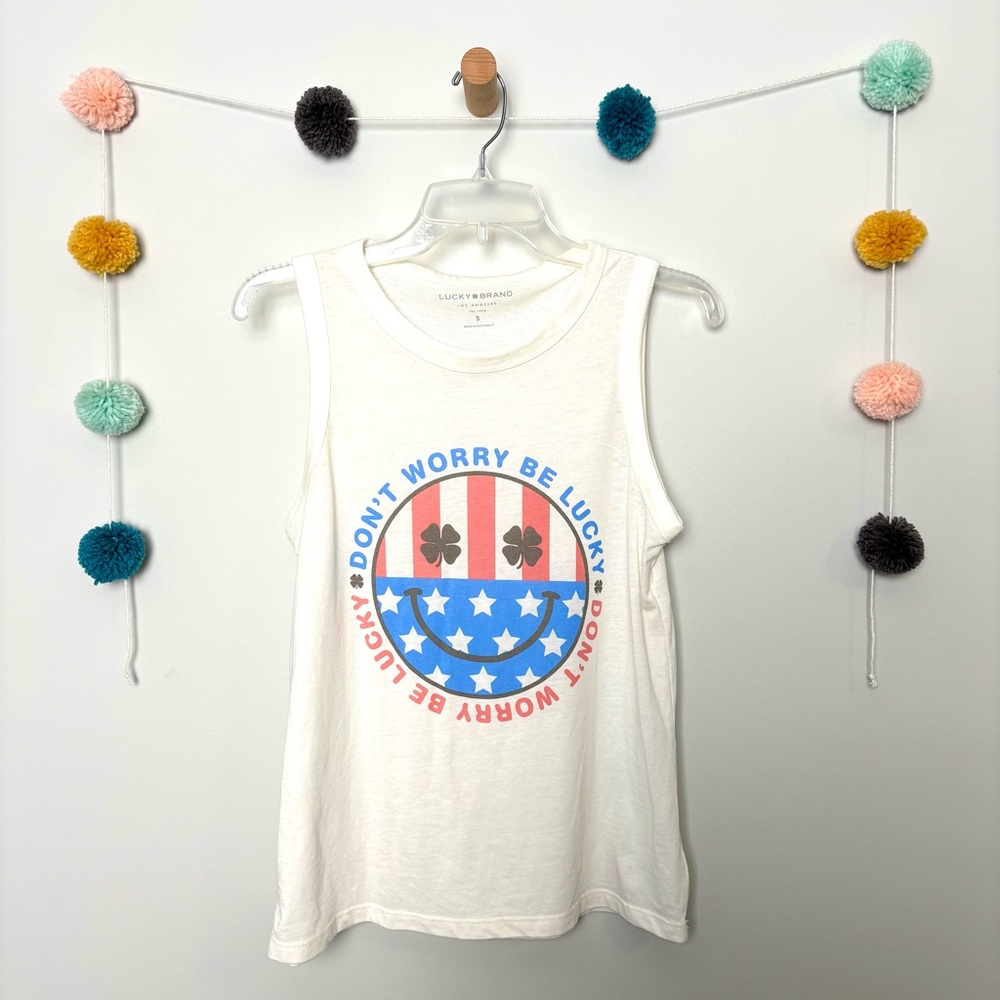 Lucky Brand Don’t Worry Be Lucky White Patriotic Tank